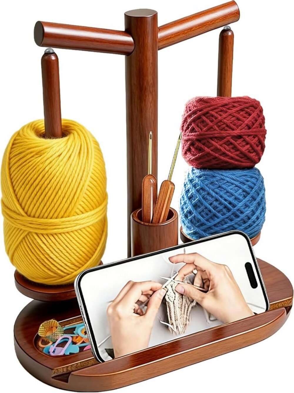 Wooden Yarn Holder & Magnetic Rotating Spinner for Crocheting & Knitting